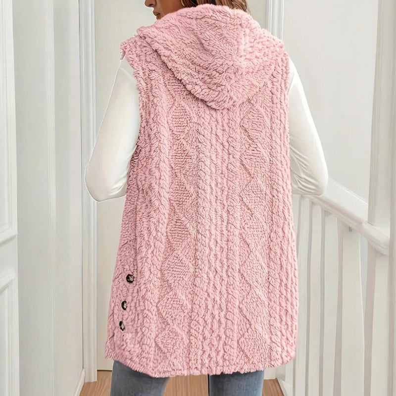 Women's Textured Sleeveless Hooded Vest, Button-Front Layering Piece For Fall & Winter Outfits