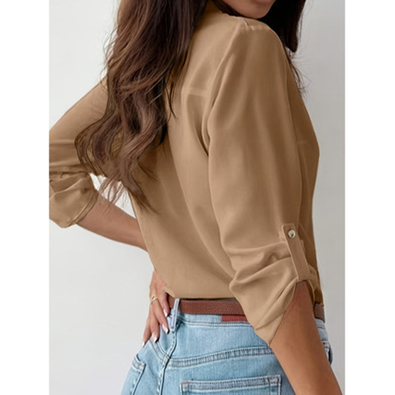 Womens Button Down Shirts V Neck Rolled Up Long Sleeve Tops Elegant Dressy Blouses Business Casual Outfits