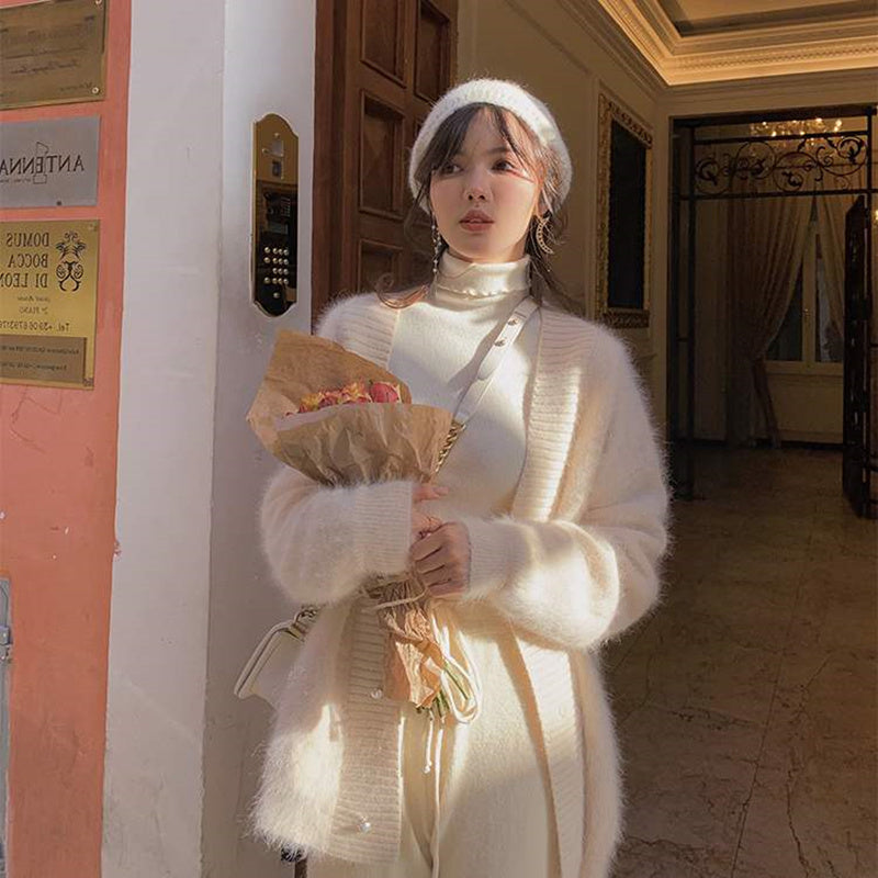 Mink Fleece Collar Sweater Coat Women White Outer Wear Loose And Lazy