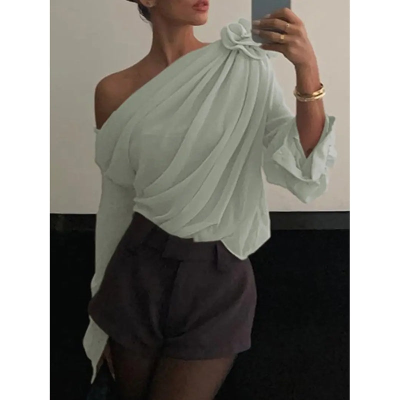 Women's Off Shoulder Tops Elegant Long Sleeve Asymmetrical Neck Ruched Chiffon Blouse Shirts Going Out Top Y2k Shirts