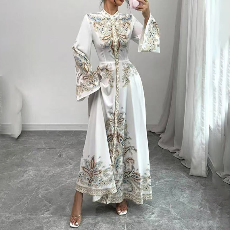 Elegant High-Neck Floral Maxi Dress - Long Flowy Sleeves, Modest A-Line Middle Eastern Style Gown Vacation & Party Dress For Women
