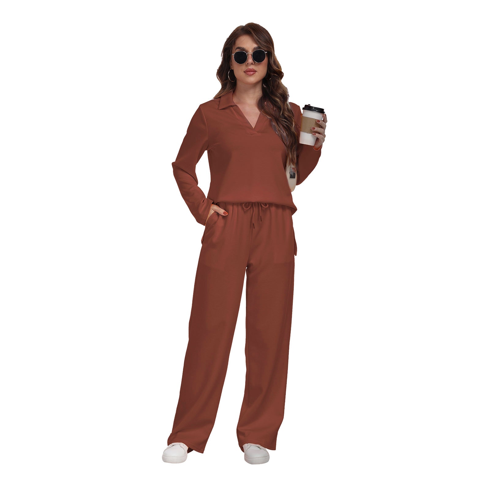 RONGTAI 2 Piece Outfits Sweatsuit For Women Casual Long Sleeve V Neck Pullover Tracksuit Solid Soft Comfy Tracksuits Set