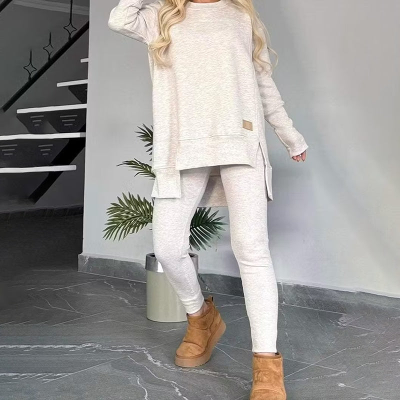 Women's 2-Piece Lounge Set, Casual Long Sleeve Side Slit Sweatshirt Outfit With Stretchy High Waist Leggings