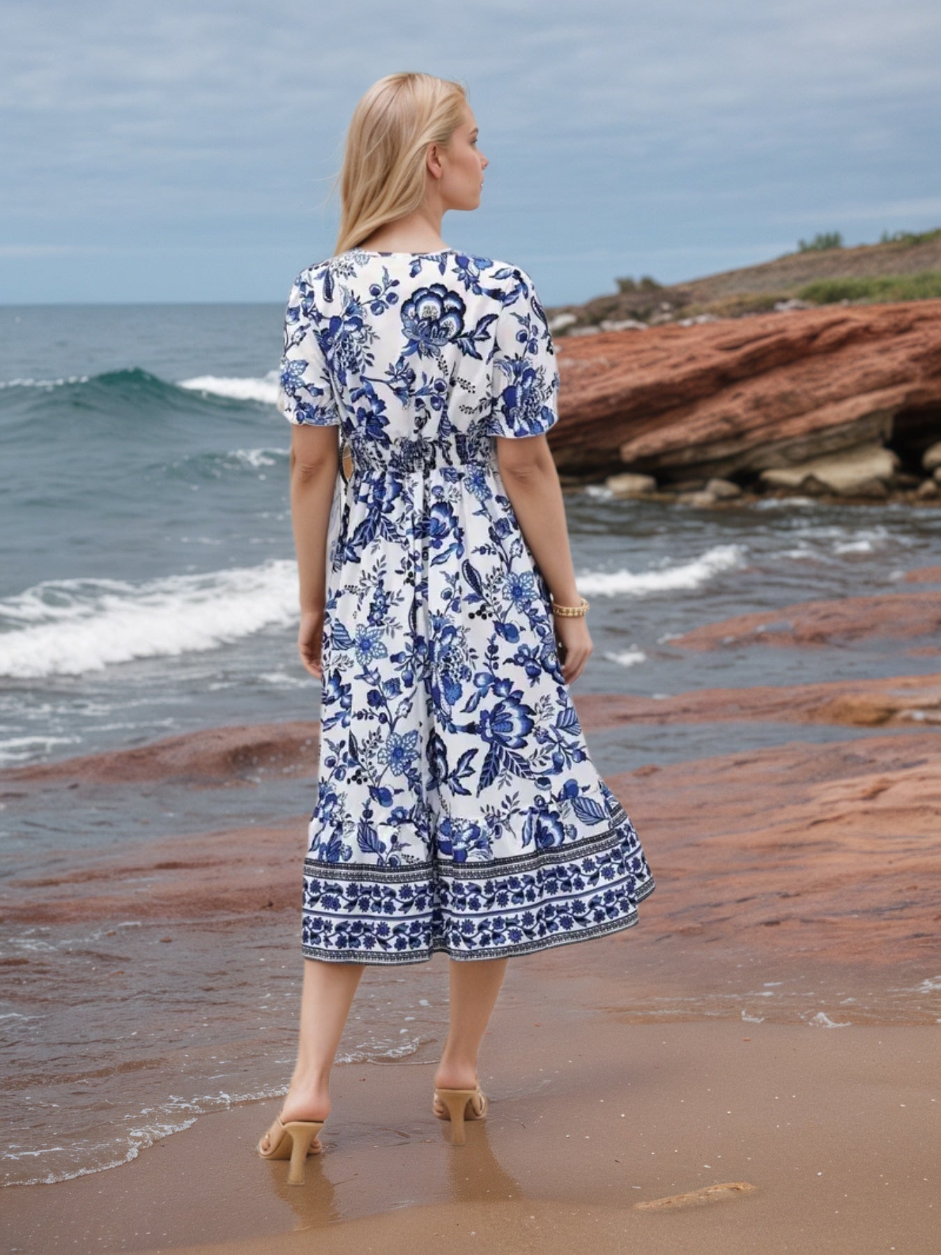 New Women’s Floral Print V-neck Dress, Floral Dress, Suitable For Vacation, Women’s Dress