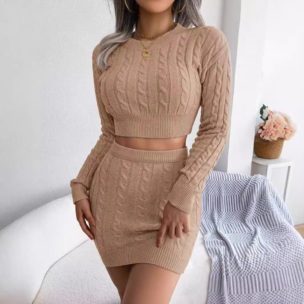Casual Twisted Knit Crop Sweater And Bodycon Skirt Set