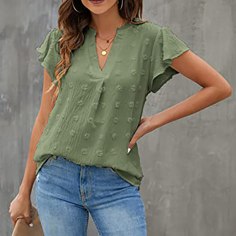 Women's Summer V Neck Ruffle Short Sleeve Blouse Business Office Casual Top Shirts