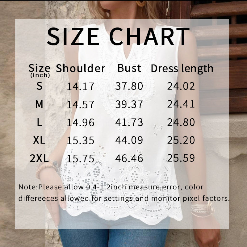 Women's Embroidered Eyelet Tops Notched Neck Sleeveless Lace Trim Blouses Shirts