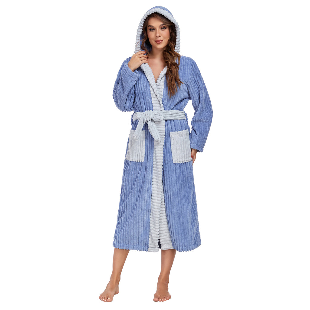 RONGTAI Luxury Plush Absorbency Robe For Women Extra Long Fleece Bathrobe With Hood & Pockets Warm Terry Cloth Loungewear