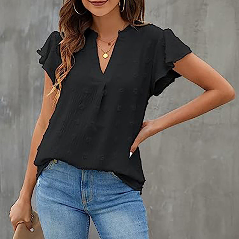 Women's Summer V Neck Ruffle Short Sleeve Blouse Business Office Casual Top Shirts