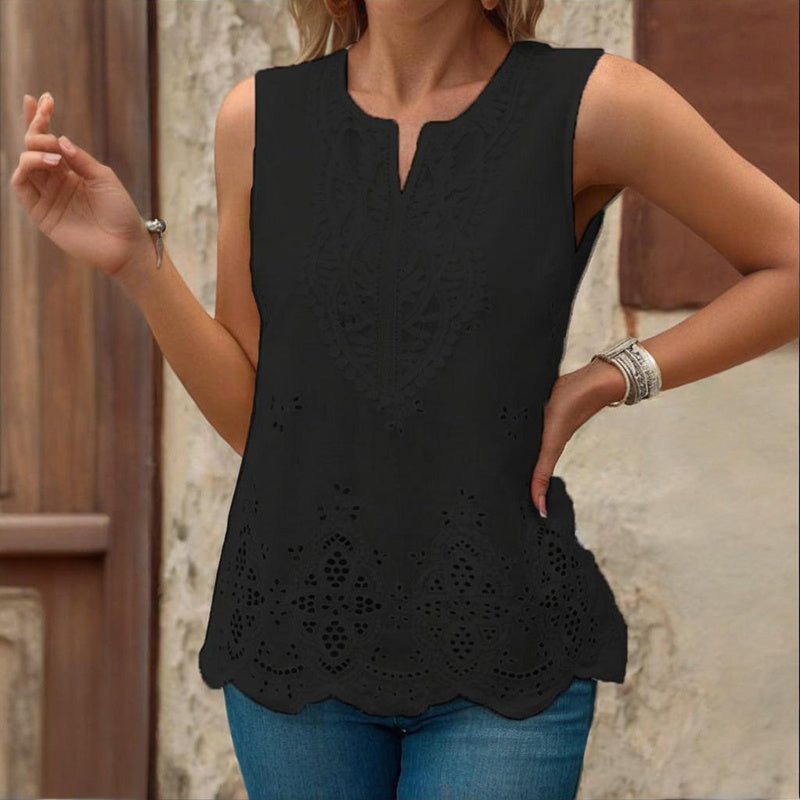 Women's Embroidered Eyelet Tops Notched Neck Sleeveless Lace Trim Blouses Shirts