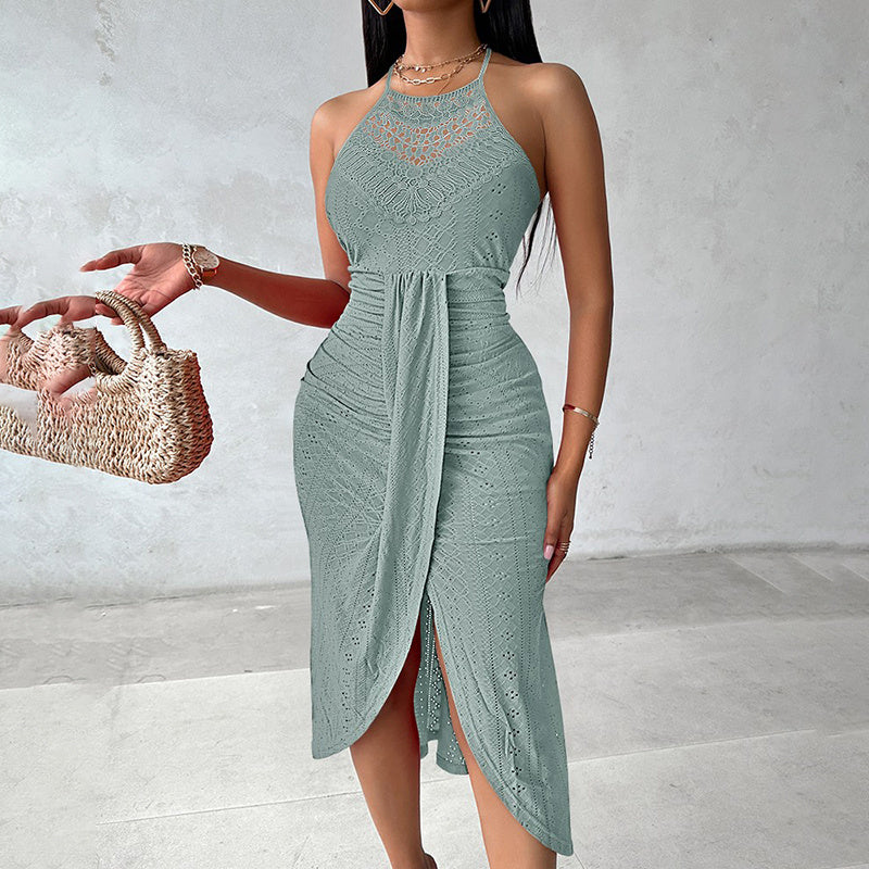 Women's Sexy Halter Neck Ruched Bodycon Midi Dresses Elegant Sleeveless Cocktail Party Dress