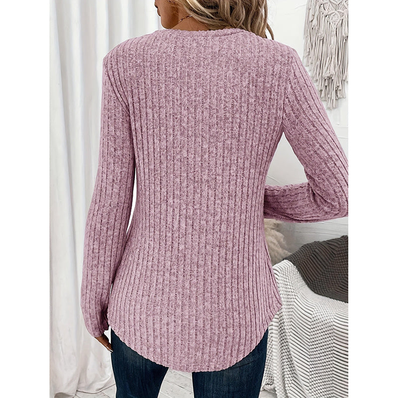 Womens Long Sleeves Ribbed Knit Tunic Shirts V Neck Button Down Slim Fit Blouses Tops