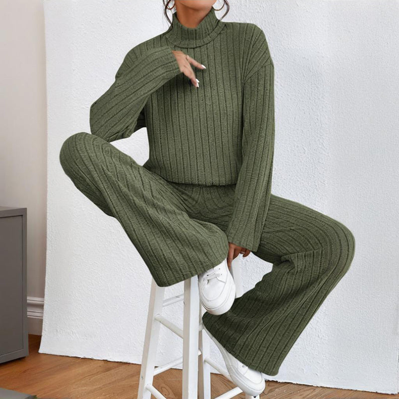 Women's Solid Color 2-Piece Set High Neck Long Sleeve Top & Pants, Striped Loungewear For Fall&Winter