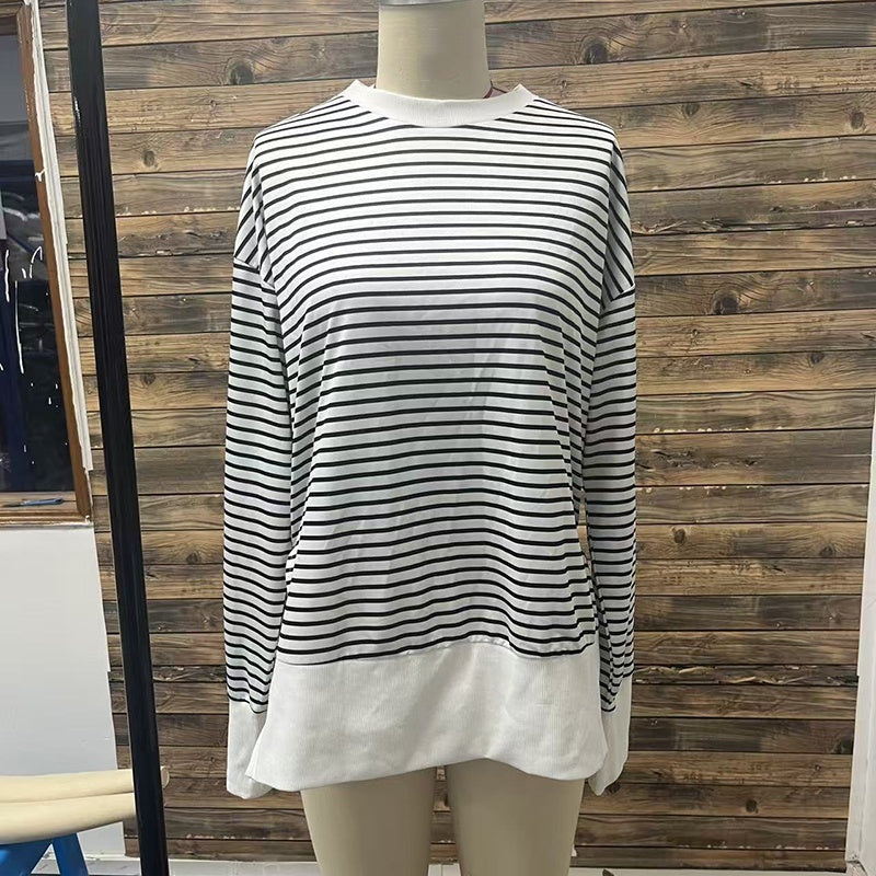 Women's Striped Sweatshirt Size Slit Long Sleeve Shirts For Women Crewneck Hoodies Casual Pullover Top