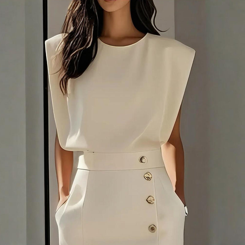 Women's Solid Color Round Neck Short Sleeve Dress With Side Slit, Button & Pockets - A-Line Cinched Waist Summer Casual Office Wear