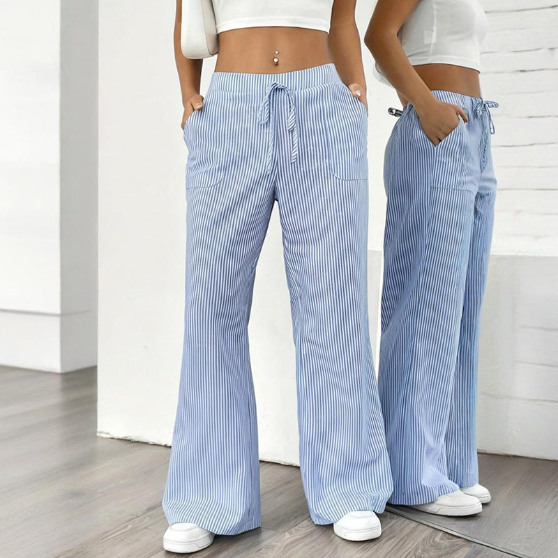 Women's Striped Print Straight Wide Leg Pants Drawstring Waist Slant Pockets Pants Casual Long Pants