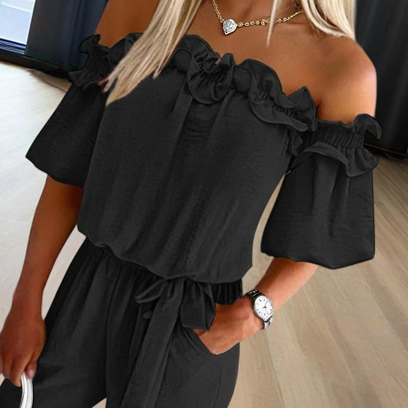 Women's Solid Color Elegant Off-Shoulder Jumpsuit With Ruffle Sleeves & Tie-Waist Summer Casual Romper