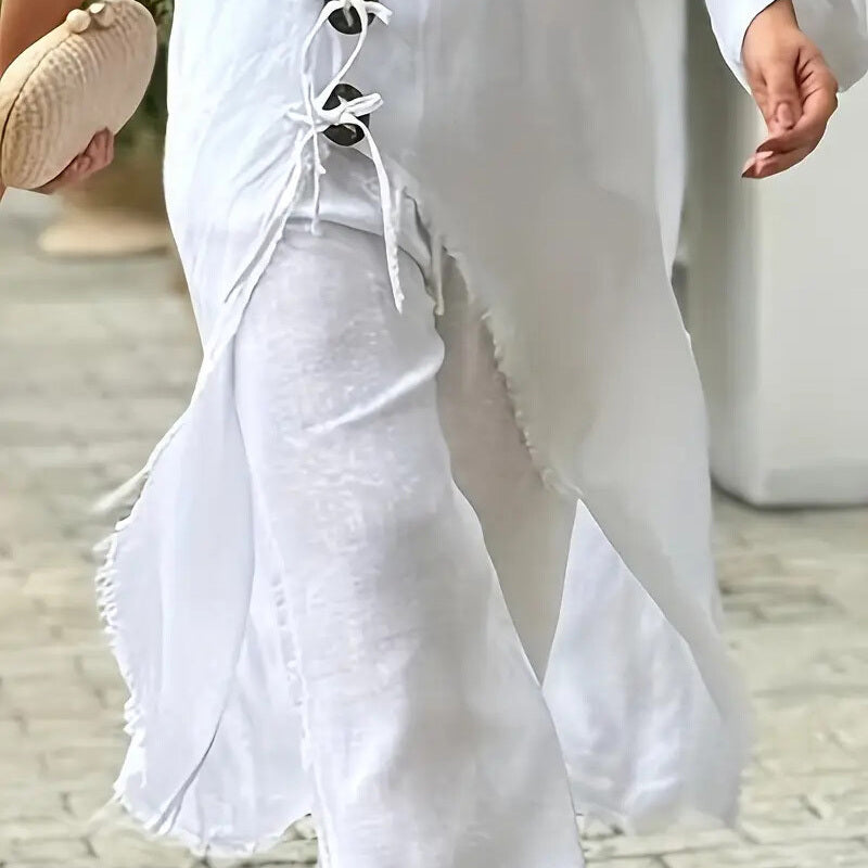 Women's Solid Color Wood Button Asymmetrical Set - Off-Shoulder Relaxed Loungewear Outfits For Spring&Summer