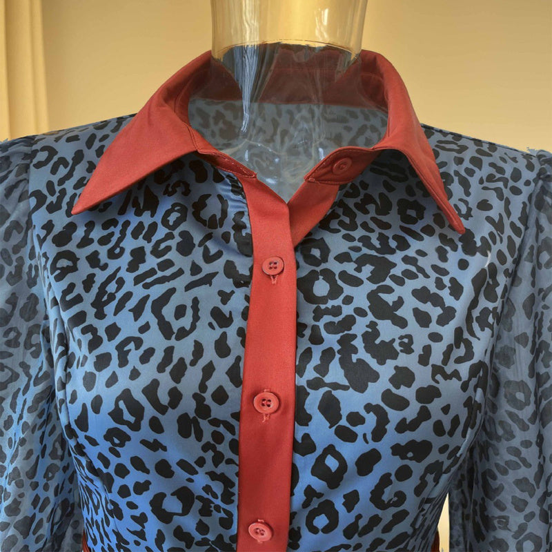 Women's Fashion Leopard Print Lapel Dress Long Sleeve Button-Down Maxi Dress For Spring Fall
