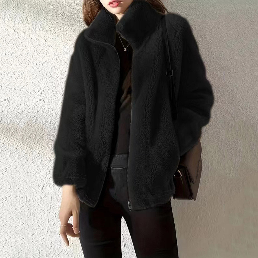 Double Faced Fleece Warm High Neck Sweater Women Cardigan
