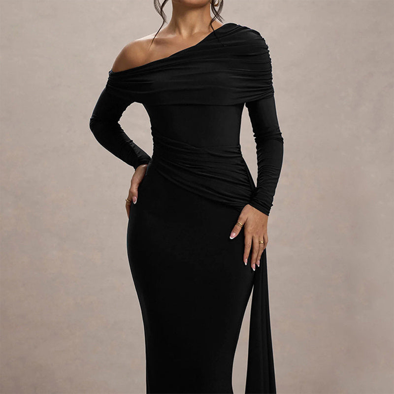 Women's Elegant One-Shoulder Ruffle Dress, Long Sleeve Bodycon Gown With Flowing Ribbon For Spring And Fall