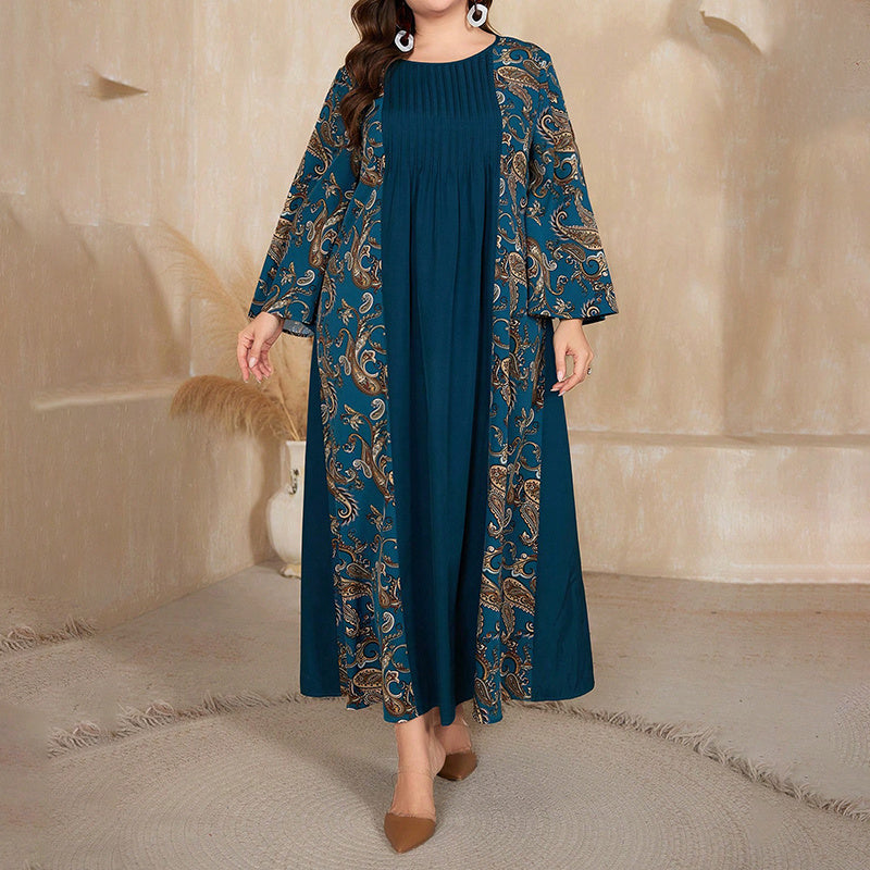 Women's Plus Size Bohemian Floral Printed Maxi Dress, Pleated Front Long Sleeve Crew Neck Loose Fit