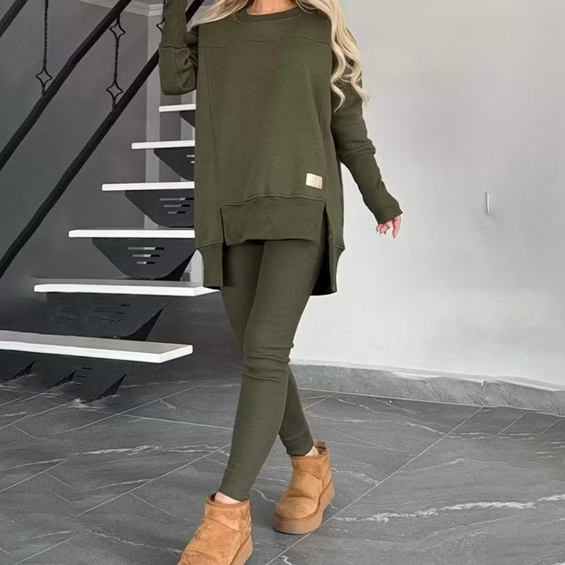 Women's 2-Piece Lounge Set, Casual Long Sleeve Side Slit Sweatshirt Outfit With Stretchy High Waist Leggings
