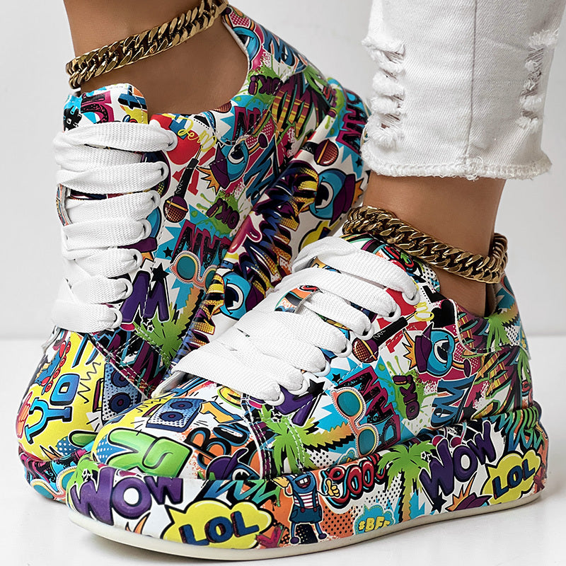 Women's Casual Round Toe Thick Sole Lace-Up Sneakers, Random Print Design, Comfortable Sporty Shoes For Daily Wear