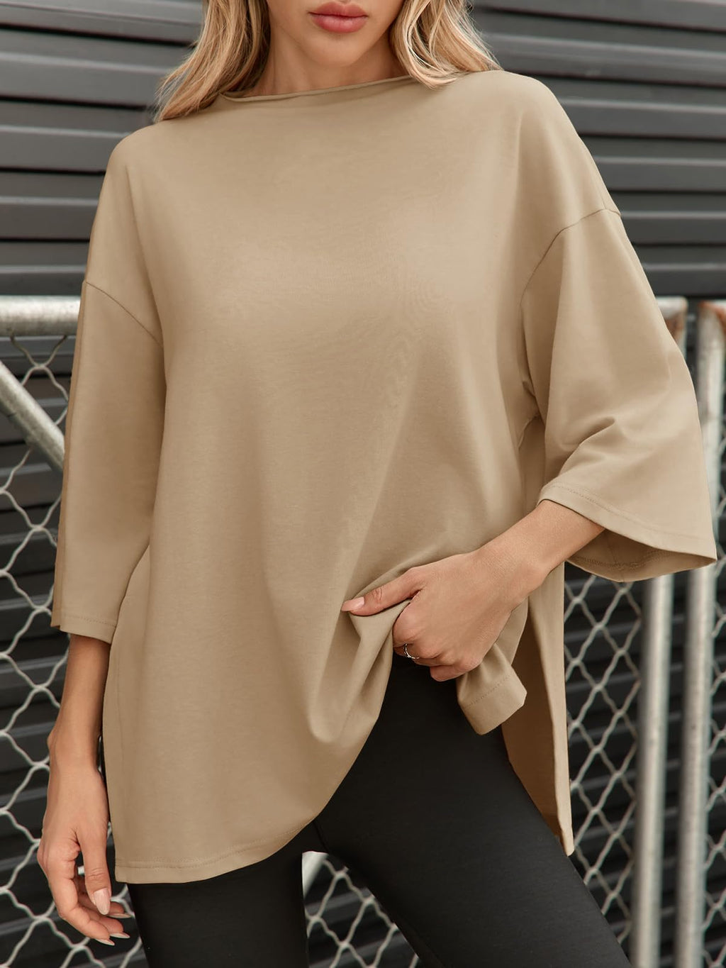 Fisoew Womens Oversized T Shirts Casual Sleeve Side Slit Workout Gym Loose Fit Summer Tee Tunic Tops