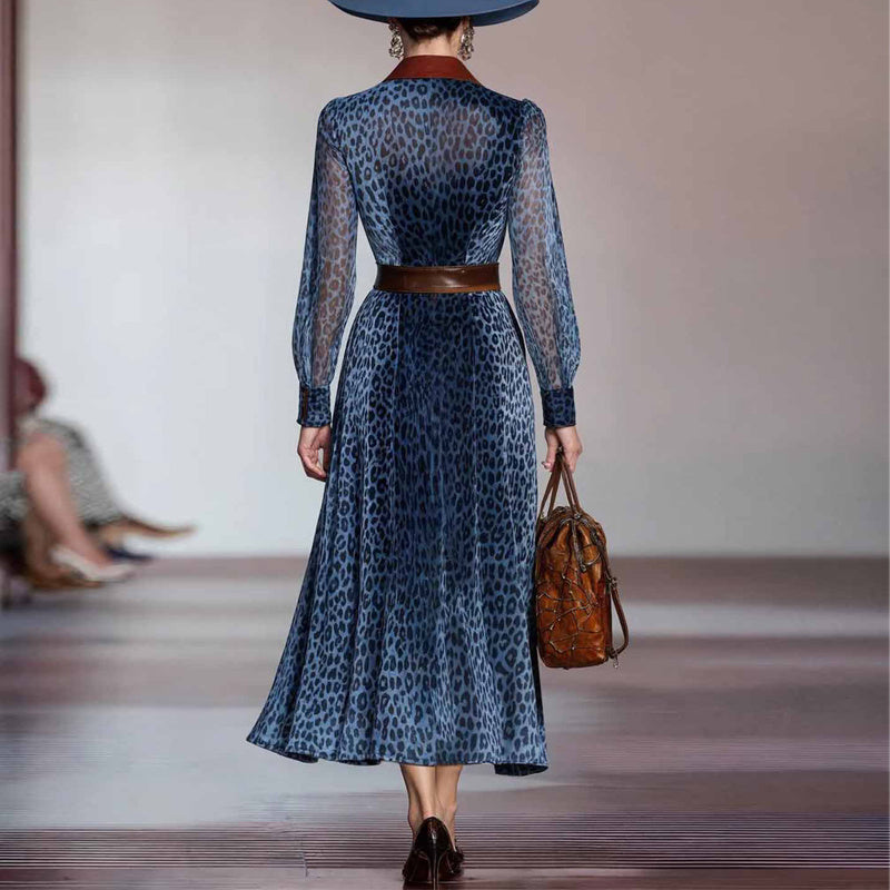 Women's Fashion Leopard Print Lapel Dress Long Sleeve Button-Down Maxi Dress For Spring Fall