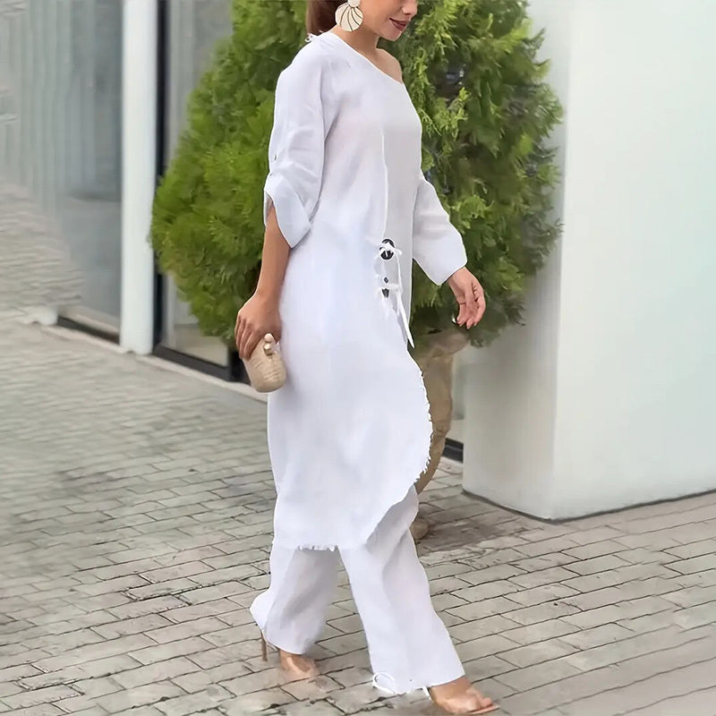 Women's Solid Color Wood Button Asymmetrical Set - Off-Shoulder Relaxed Loungewear Outfits For Spring&Summer