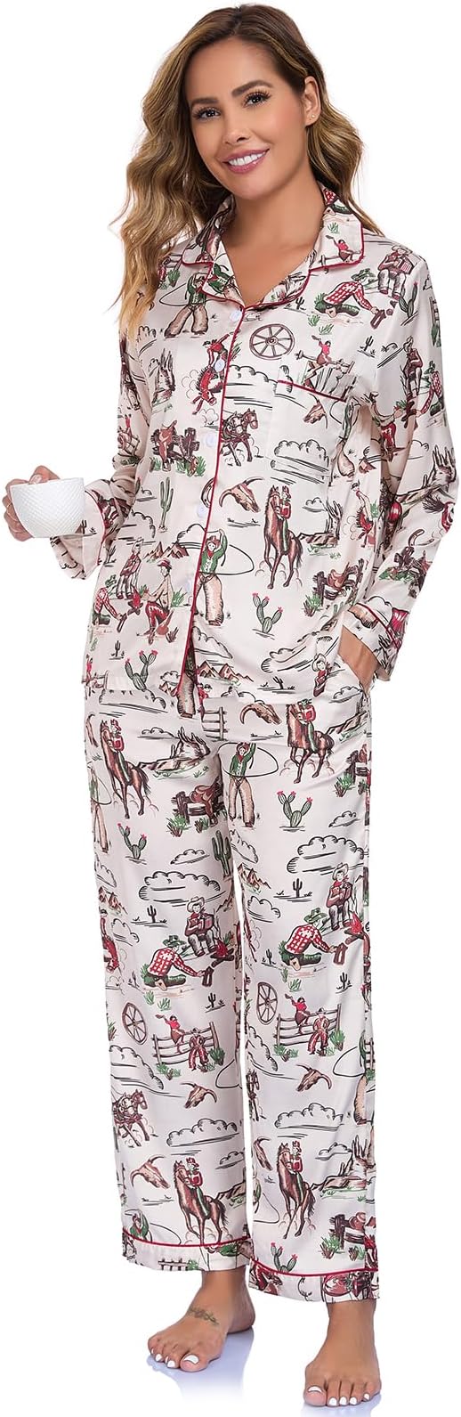 RONGTAI Womens Pajama Sets Button Down Long Sleeve Lapel Shirt With Pocket Matching Pj Pants Two Piece Loungewear Set