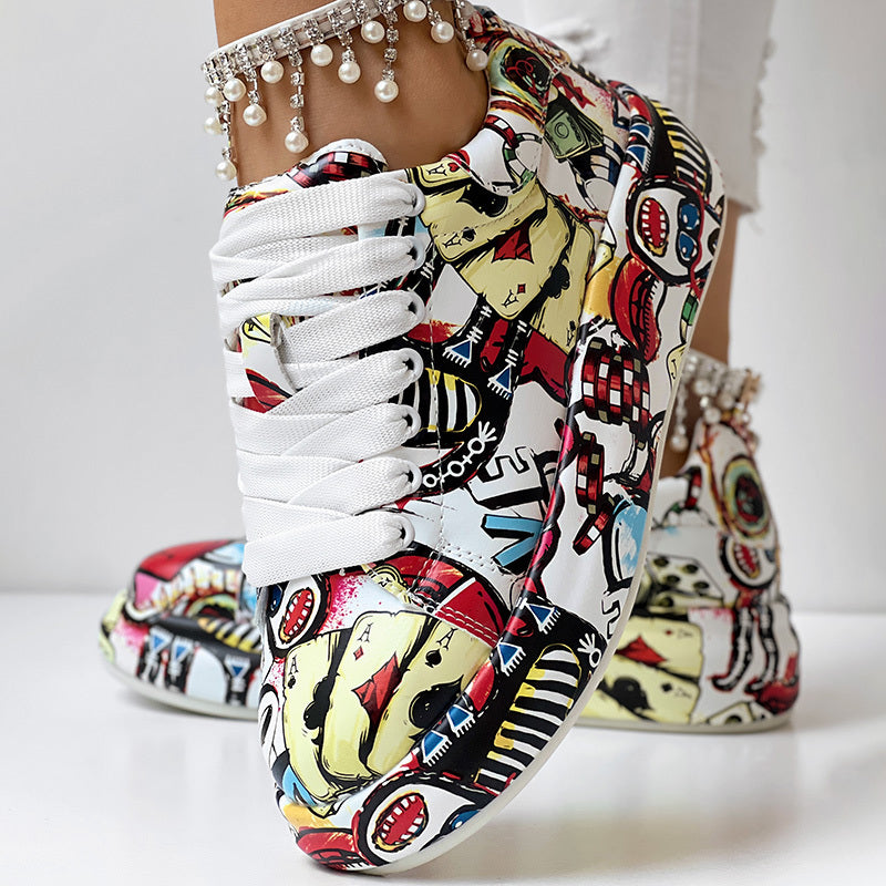 Women's Casual Round Toe Thick Sole Lace-Up Sneakers, Random Print Design, Comfortable Sporty Shoes For Daily Wear