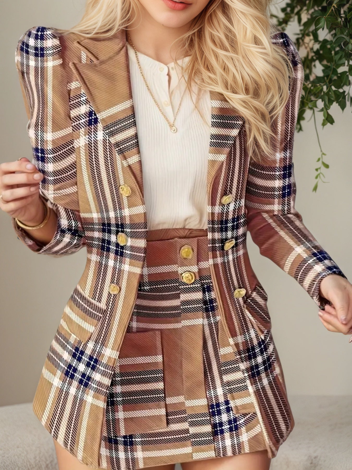 Women's Elegant Set, Double Breasted Long Sleeved Plaid Lapel Jacket&plaid Skirt With Pockets, Double Breasted Closure, Perfect For Work And Formal Occasions - Ideal Gift For Women