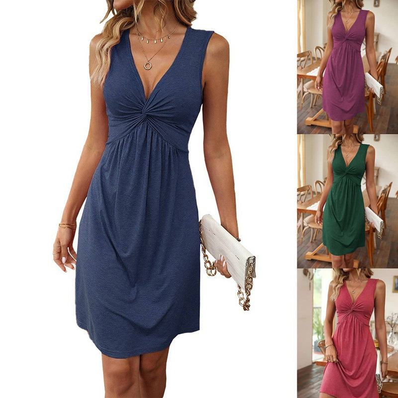 Women's V-Neck Sleeveless Solid Dress - Bust Knot Detail & Waist-Defining Summer Dress
