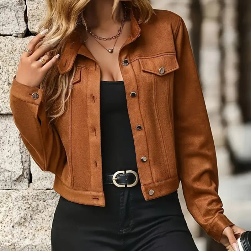 Women's Faux Suede Cropped Jacket, Vintage Stand Collar Short Coat Casual Button Up Fall Outwear