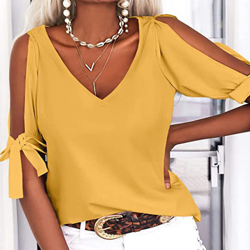 Womens Summer Cold Shoulder Tops Short Sleeve Tie Knot V Neck T Shirts Blouses