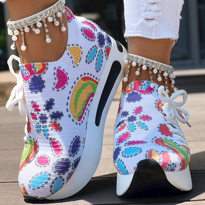 Women's Random Print Side Lace-Up Elastic Sport Shoes, Comfortable Slip-On Sneakers For Women, Casual Daily Wear Footwear