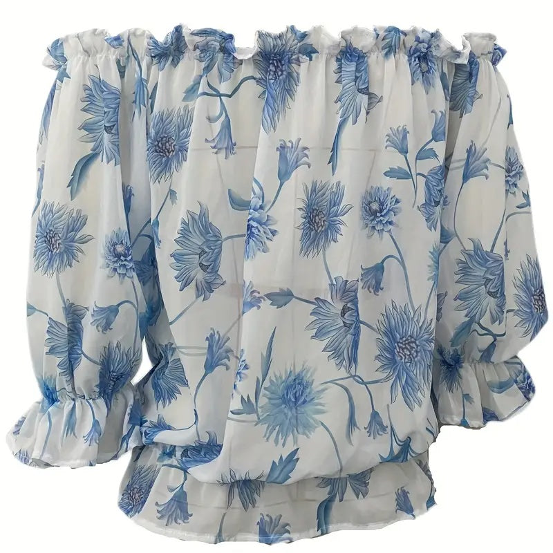 Womens Summer Off Shoulder Blouse Floral Print Ruffle Sleeve Casual Chiffon Tops Shirts
