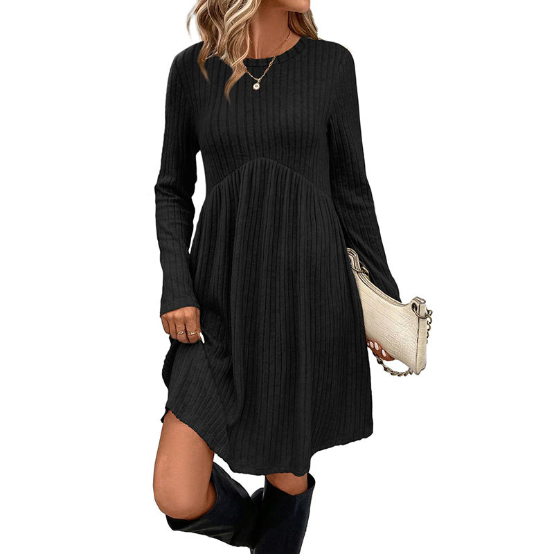 Women's Solid Color Long Sleeve Knit Dress Round Neck Pocket Shift Dress For Spring & Fall