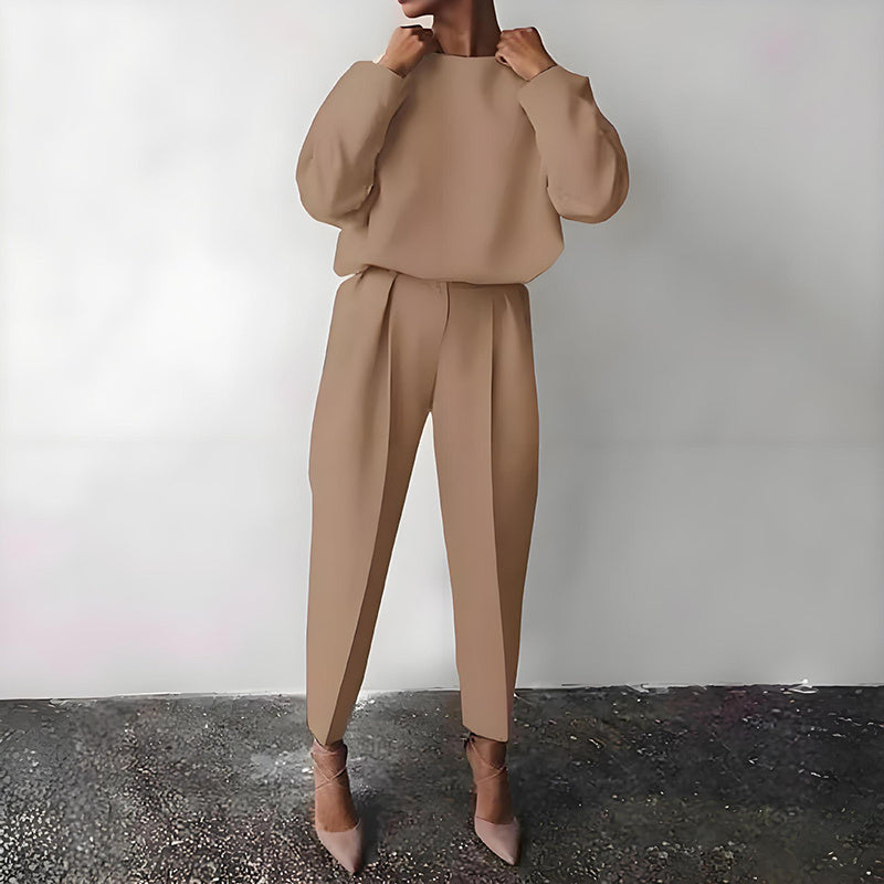 Women's Solid Color 2-Piece Set Round Neck Long Sleeve Top & Pleated Pants Loungewear For Spring & Fall