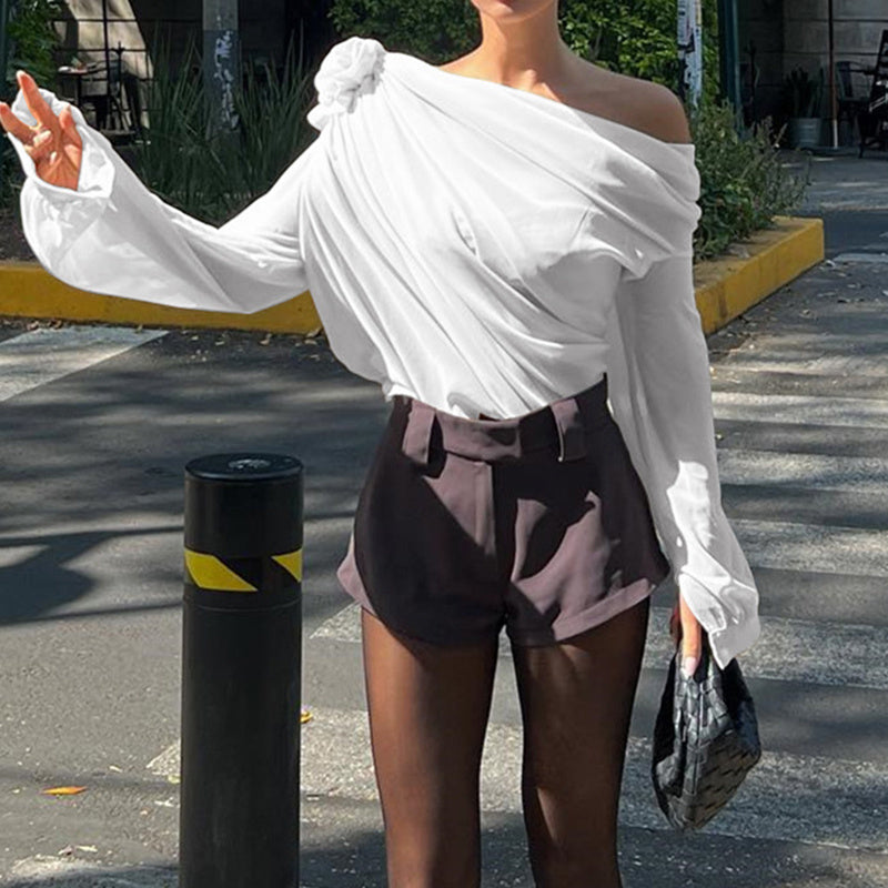 Women's Off Shoulder Tops Elegant Long Sleeve Asymmetrical Neck Ruched Chiffon Blouse Shirts Going Out Top Y2k Shirts