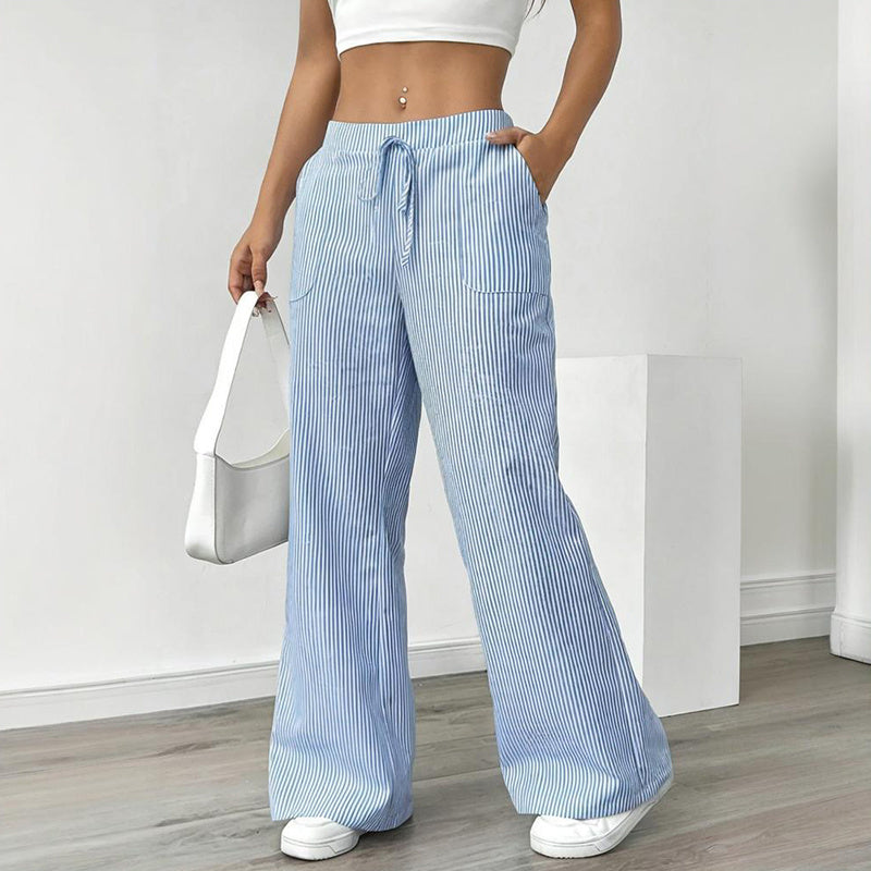 Women's Striped Print Straight Wide Leg Pants Drawstring Waist Slant Pockets Pants Casual Long Pants