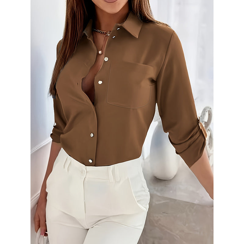 Womens Button Down Shirts V Neck Rolled Up Long Sleeve Tops Elegant Dressy Blouses Business Casual Outfits
