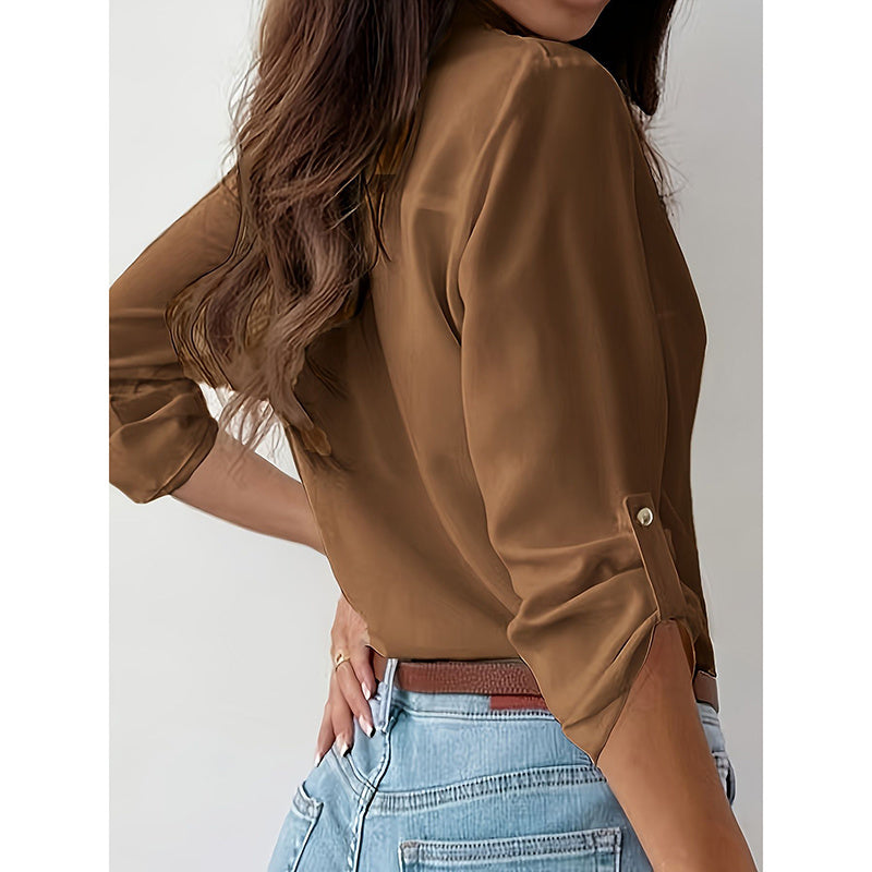 Womens Button Down Shirts V Neck Rolled Up Long Sleeve Tops Elegant Dressy Blouses Business Casual Outfits