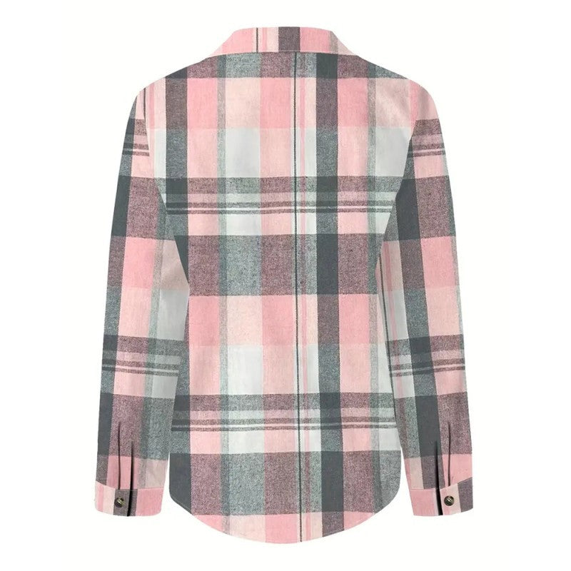 Women's Casual Plaid Long Sleeve Shirt - Button-Down Top With Chest Pocket, Classic Lapel Collar For Office & Weekend Wear