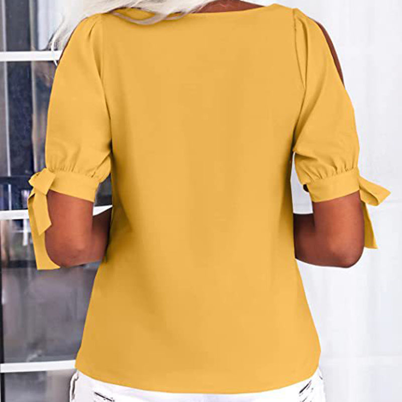 Womens Summer Cold Shoulder Tops Short Sleeve Tie Knot V Neck T Shirts Blouses