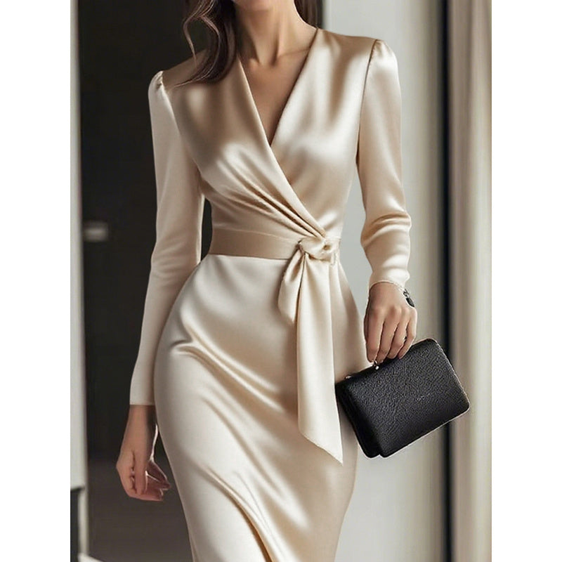 Women's Burgundy Satin Midi Dress Elegant V-Neck Long Sleeve Bodycon Dress With Belted Waist