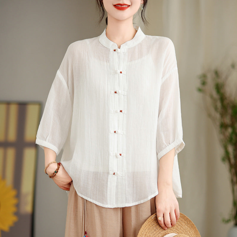 New Chinese Handicap Shirt Women's Loose Plus Size Casual Retro Cotton And Linen Top Air Conditioning Sunscreen Cardigan