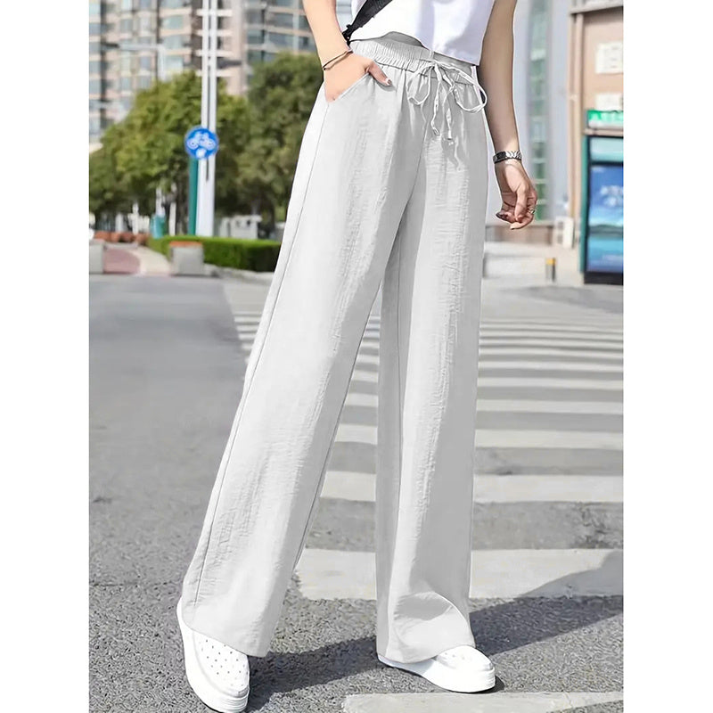 Women's Casual Pants Drawstring Elastic Waist Pants Flowy Wide Leg Trousers With Pockets